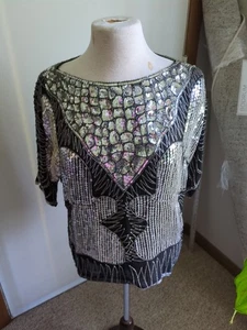 Vintage 1980’s Stenay Beaded Sequin Silk Top Women’s Size Large Made In India - Picture 1 of 7