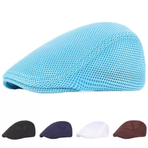 Men Breathable Mesh Flat Peaked Cap Summer Sun Golf Hat Driver Cabbie Casquette - Picture 1 of 17