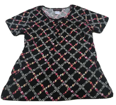 Baby Phat Scrub Top M Black Diamond Heart Floral 2 Pockets Short Sleeve - Image 1 of 4