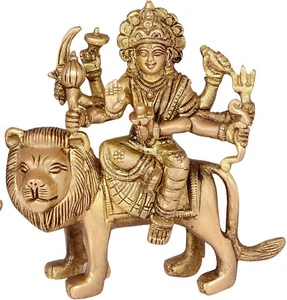 Statua e scultura in ottone Dea Durga seduta su leone 5,7 pollici - Foto 1 di 2
