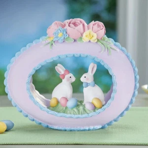 Pastel Bunny Couple in Easter Egg Floral Figurine Statue Spring Table Home Decor - Picture 1 of 6