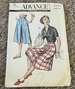1950’s 8691 ADVANCE Misses Pleated Skirt Short Pant Culotte Sewing Pattern 26” - Picture 1 of 3