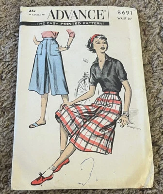 1950’s 8691 ADVANCE Misses Pleated Skirt Short Pant Culotte Sewing Pattern 26” - Image 1 of 3