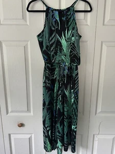 LONDON TIMES Cropped Jumpsuit-Green Palm Tropical Halter Stretch & Pockets Sz 6 - Picture 1 of 14
