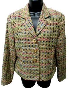 ANN MAY Size 6 100% SILK Woven Beige Multi Color Geo L/S Career Blazer Jacket - Picture 1 of 4