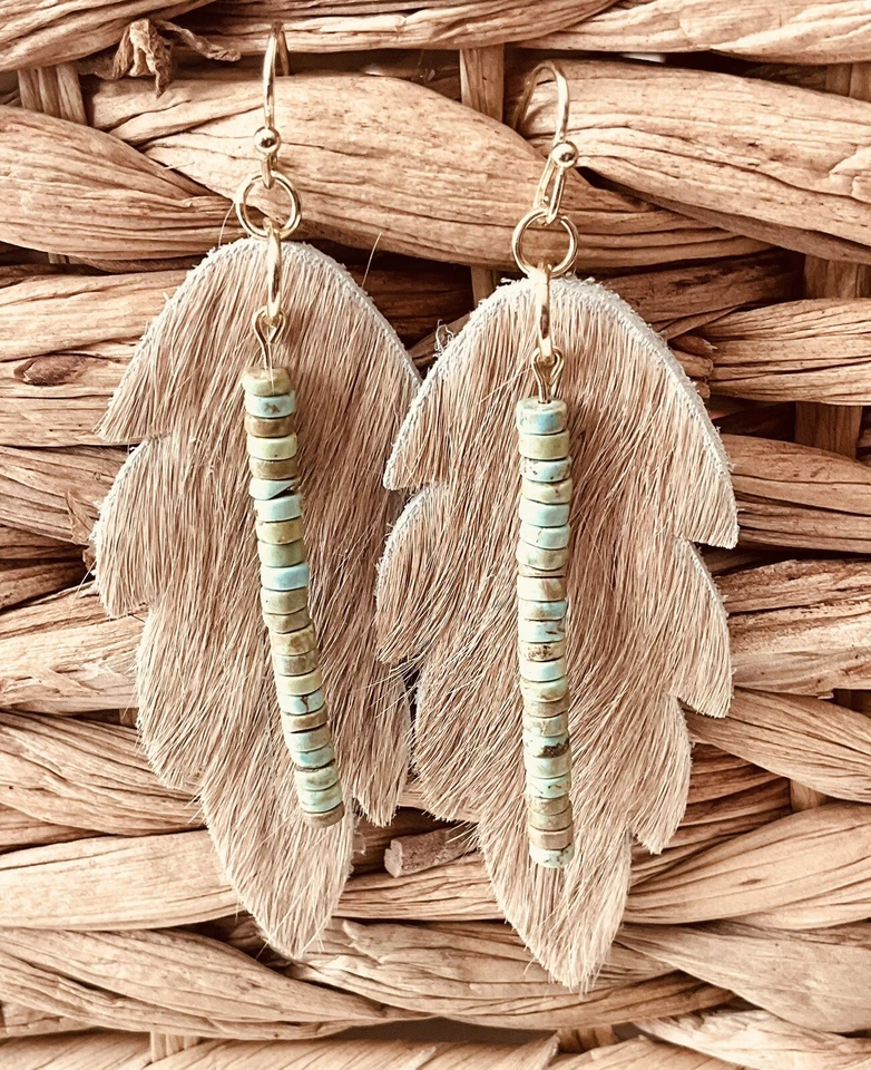 Pendientes colgantes de cuero de vaca con cuentas de turquesa genuino piedra occidental para mujer Foto 1 de 2