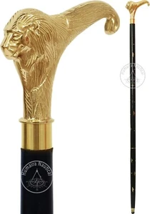 Nautical Lion Handle Inlaid Wooden Walking Cane 37" Vintage Fashion Statement. - Picture 1 of 7