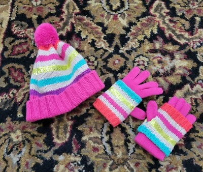  Niñas 4 Gymboree Feliz Invierno Rayas SOMBRERO Y GUANTES Lentejuelas Foto 1 de 4