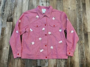 The Quaker Factory Vintage Red Gingham Womens Jacket Blouse Daisies Large - Picture 1 of 9