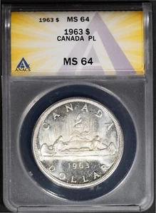 1963 Silver Canadian Canoe Dollar MS 64 PL ANACS # 7625542 + Bonus - Picture 1 of 2