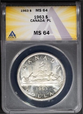 1963 Silver Canadian Canoe Dollar MS 64 PL ANACS # 7625542 + Bonus - Image 1 of 2