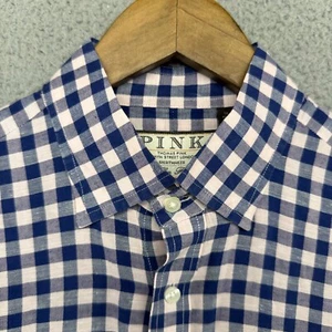 Thomas Pink Shirt Men's 16 Pink Blue Gingham Plaid check Slim Fit Preppy Linen - Picture 1 of 12