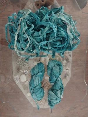 (3) Recycled Sari Silk Ribbon 90 gr Skein Blue Shade - Image 1 of 4