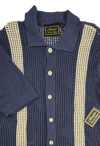 Massive Luxury Knit Crochet Mens Short Sleeve Shirt Small Blue White Striped - Picture 1 of 4