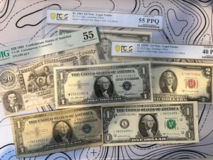 USA Currency Lot: PCGS PMG UNC Star Notes, Silver Certs, Confederate, 1963 $2 - Picture 1 of 1