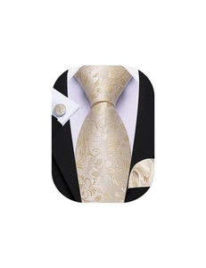 Champagne Gold Tie for Men Floral Silk Necktie Pocket Square Cufflinks Formal... - Picture 1 of 4
