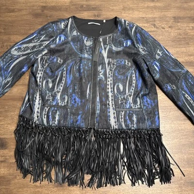 Tahari Brunella Fringed Black Fringe Paisley Print Jacket XL NWT New $158 - Image 1 of 4