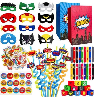 113pcs Party Favor Superhero Felt Masks Cosplay Candy Bags Slap Bracelets Sti... - Image 1 of 4