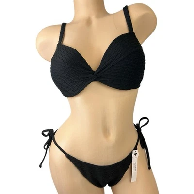 Conjunto de bikini de natación Victorias Secret negro texturizado superior corbata lateral parte inferior descarada 34D M Foto 1 de 4
