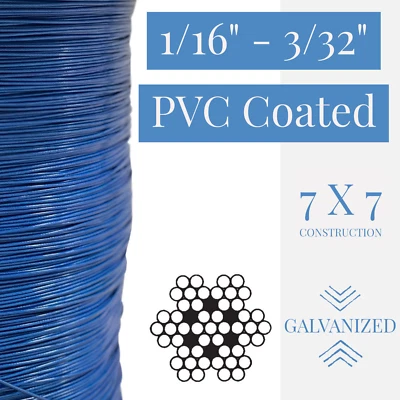 LAUREOLA INDUSTRIES 1/16" to 3/32" PVC Coated Blue Color Galvanized Cable 7x7 Strand Aircraft Cable