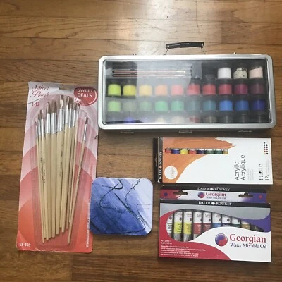 Lot Daler Rowney Paint Set Watercolor Travel Acrylic 12 Tubes Oil Paint Brushes - Image 1 of 4