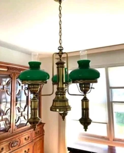 ✨Gorgeous Vtg.Student Lamp 4 Lights Emerald Green Shade Ceiling Mount Chandelier - Picture 1 of 21