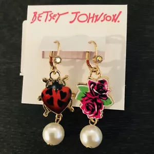 Authentic Betsey Johnson Earrings - Dangle Ladybug & Rose With Faux Pearls NWT - Picture 1 of 12