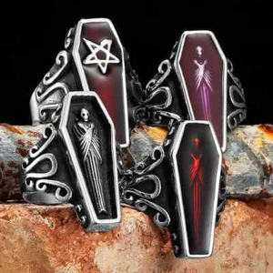 Punk Gothic Mummy Vampire Coffin Skeleton Men Ring Stainless Steel Jewelry 5-15 - Picture 1 of 28