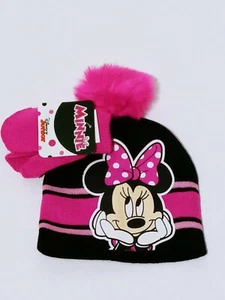 Disney Minnie Mouse Beanie Hat Kids Pom Pom Girls Gloves Pink Winter Gift Set - Picture 1 of 3