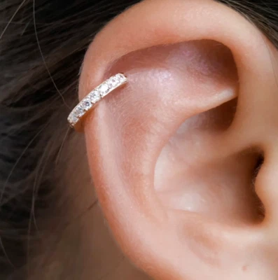 CZ Helix Earring Pave, Gold Rose or Silver Tiny Cartilage Hoop CZ Stone - Image 1 of 4