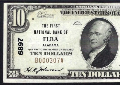 🇺🇸 AL 1929 $10 ♚♚ELBA, ALABAMA♚♚ PMG ABOUT UNC 53 EPQ SCARCE - Image 1 of 3