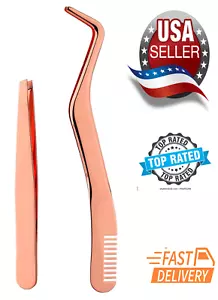 2 Piece Eyelash, Tweezers False Eyelashes Lash Applicator Tool Brush ROSE GOLD - Picture 1 of 3