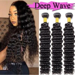 #1B Deep Curly Wave Peruvian Virgin Human Hair Extensions Weave Weft 3BUndles US - Picture 1 of 26