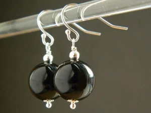 14mm Black Onyx Gemstones 925 Silver Drop Elegant Handmade Earrings - Picture 1 of 8