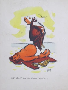 Original 1950s Cartoon Painting WARREN KING " The Beach " LIsted Illustrator - Picture 1 of 2