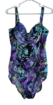 Trimshaper Swimsuit Bathing Suit Size 14 Purple Floral Slimming Ruched - Image 1 of 4