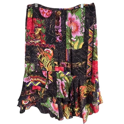 Falda de Seda Chicos Talla Grande Negra Floral Patchwork Pull On Asimétrica Boho Chic Foto 1 de 4