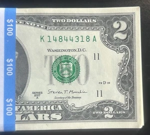 $2 DOLLAR BILLS HALF OF A BEP STRAP 50 CONSECUTIVE $100 FACE VALUE 2017A - Picture 1 of 4