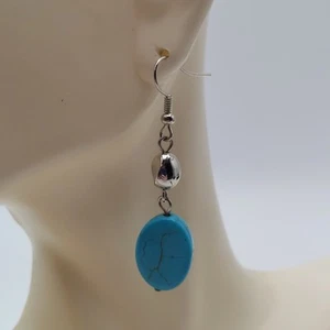 Turquoise & Silver Colored Dangle Hooks Earrings 2" - Picture 1 of 6