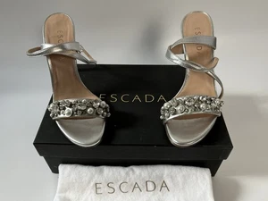 Escada Silver Metallic Strappy Heels with Pearls & Rinestones EU 38 UK 5 - Picture 1 of 18