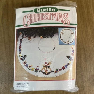 Vintage Bucilla Christmas Felt Tree Skirt Kit Rounding Up The Toys #82723 - Image 1 of 4