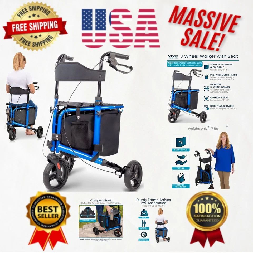 Vive 3 Wheel Walker with Seat - Tri Rollator Walker for Seniors and Adults - ... - Image 1 of 4
