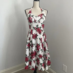 Hell Bunny Floral Retro Midi Dress Small Red White Printed Steampunk Fit & Flare - Picture 1 of 13
