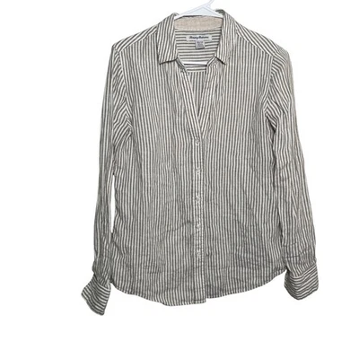 Camisa feminina Tommy Bahama XS listrada mistura de linho gola V manga longa casual top - Imagem 1 de 4