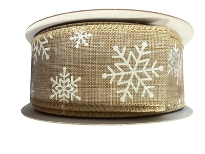Place & Time Holiday Ribbon Wire Edge Snowflake Print 1.5" X 10 Yds Burlap Look - Image 1 of 4