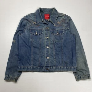 Vtg Gloria Vanderbilt Womens Denim Jacket S Blue Embroidery Button Up Distressed - Picture 1 of 11