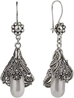 PENDIENTES Filigrana Perla Plata Floral Turco Artesano Hecho a Mano Nuevos Foto 1 de 2