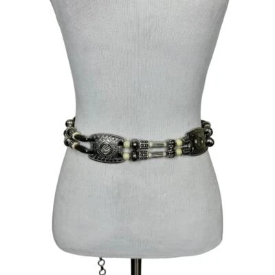 Vintage Western Beaded Medallion Concho Chain Belt Silver Tone Cream Festival - Image 1 of 4