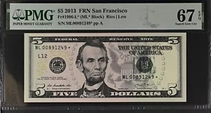 2013 $5 Federal Reserve Note Fr-1996-L* San Francisco PMG67 Superb Gem EPQ - Picture 1 of 2
