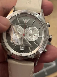 Emporio Armani Watch Silicone Band Beige AR0582 50 Meters Stainless Chronograph - Picture 1 of 11